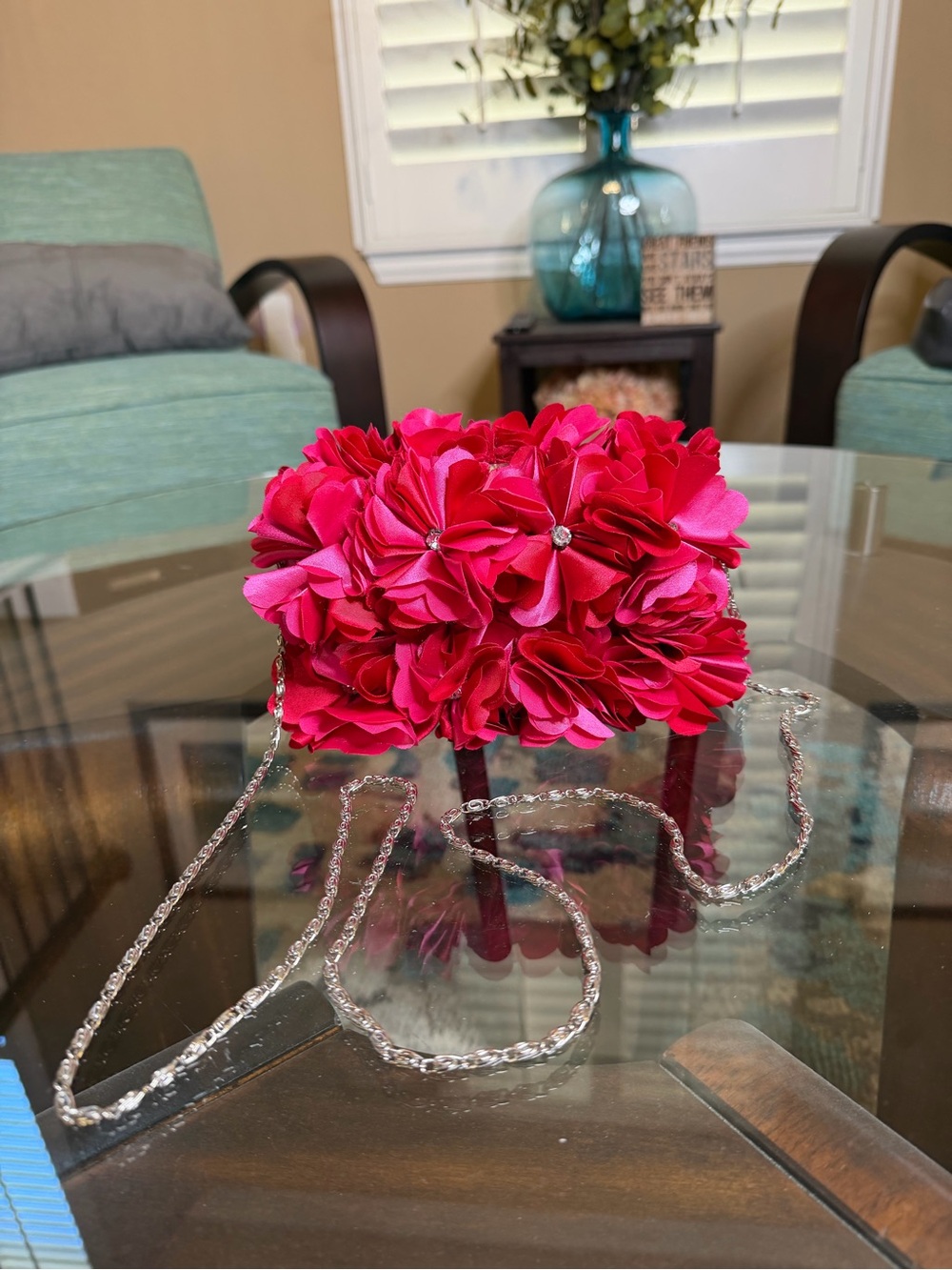 Lulu Townsend Pink 3D Floral Rhinestone Clutch Crossbody Evening Bag